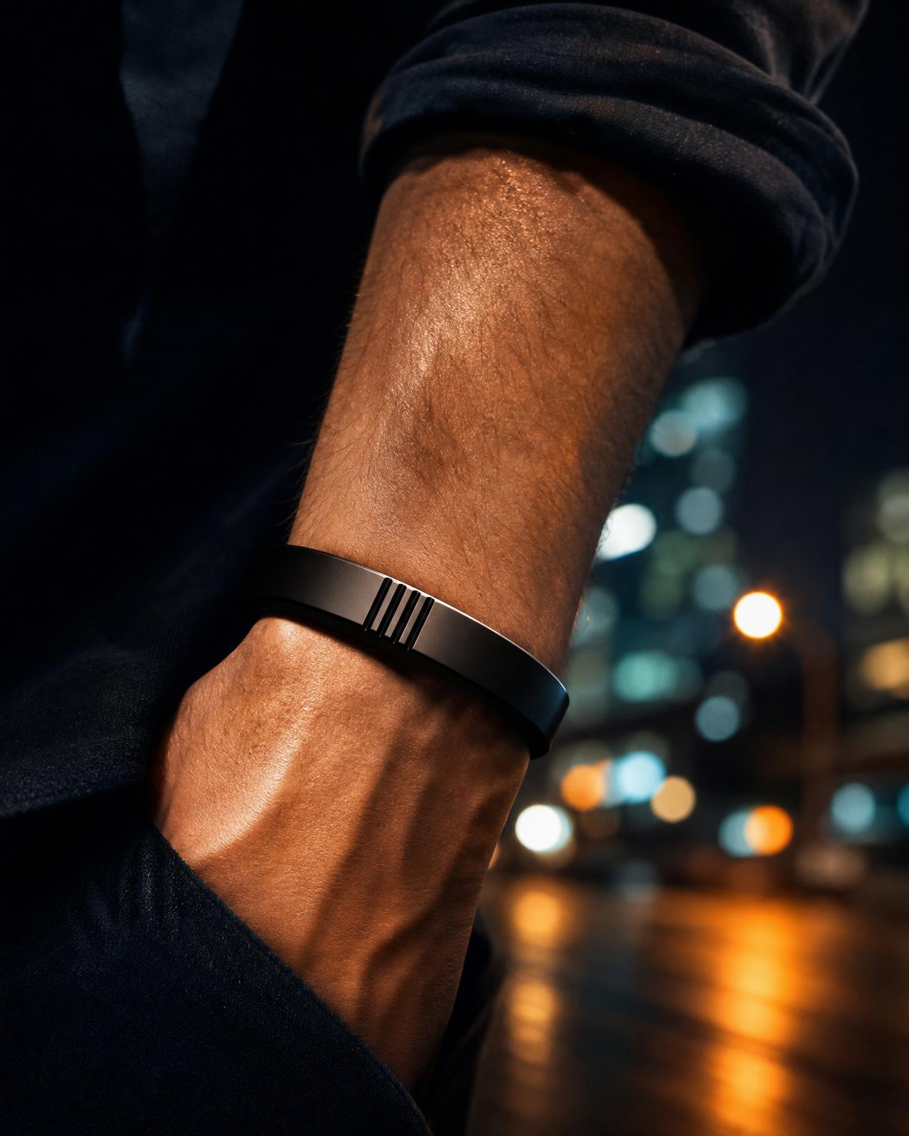 Arm wearing the matte black Reset Bracelet under warm city street light at night